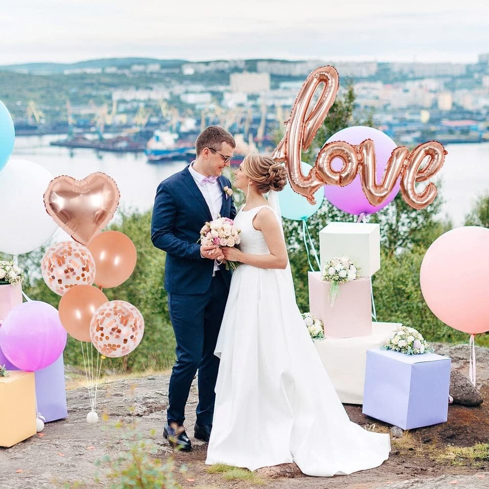 Balon din Folie Metalizata, Vivimall, Model Love scris de mana, 102x65 cm, Tematica Ziua Îndrăgostiților, Ambalaj Individual, Pai Inclus, Umflare cu Aer sau Heliu, Rose Gold - vivimall.ro