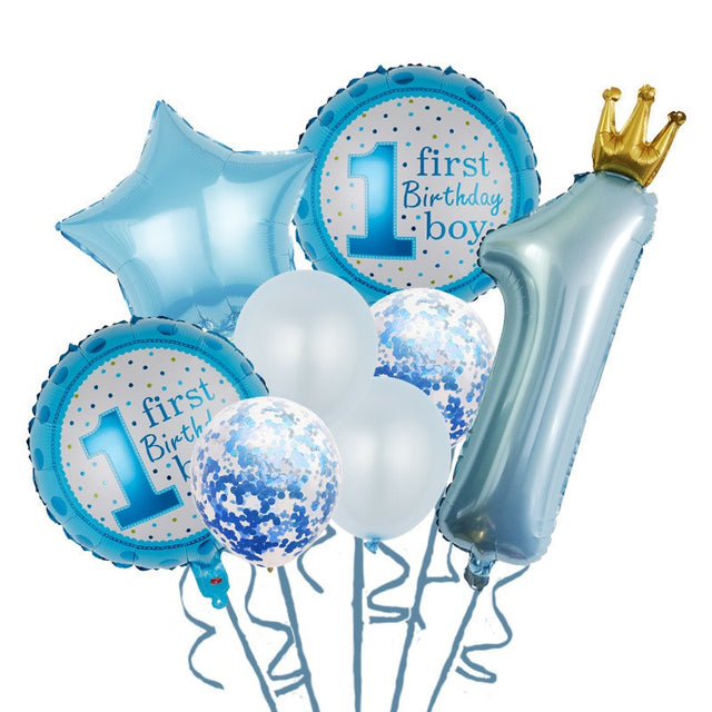 Set 8 Baloane din Folie Metalizată si din Latex, Vivimall, Figurine Cifra 1 Printesa 91cm, Stea 45 cm si Cerc 55 cm, Baloane Latex 30 cm, Tema Prima Aniversare, Ambalaj Individual, Pai Inclus, Umflare cu Aer sau Heliu, Albastru - vivimall.ro