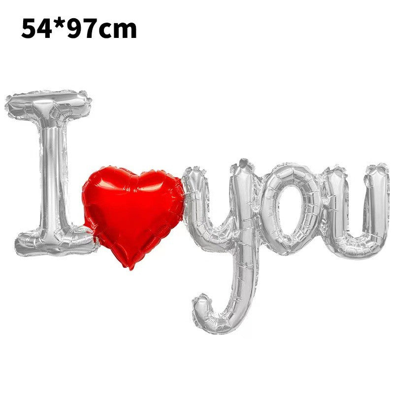 Balon din Folie Metalizata, Figurine Litere si Inima, Model I Love You, Tema Ziua Indragostitilor, 54x97 cm, Ambalaj Individual, Pai Inclus, Umflare cu Aer sau Heliu, Argintiu/Rosu - vivimall.ro