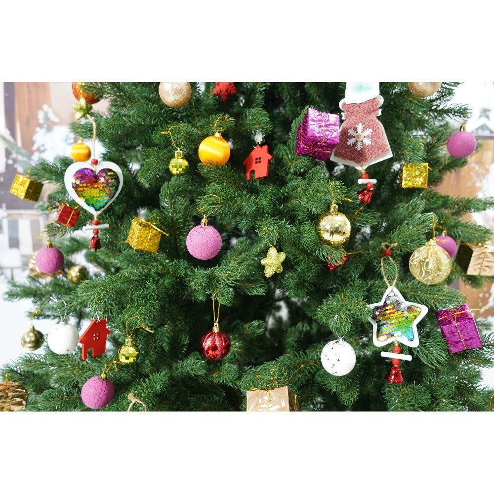 Set brad artificial de Craciun si elemente decorative, clasic, pentru interior/exterior, inaltime 210 cm, diametru 138 cm, 858 ramuri, Flippy, verde, suport metalic inclus - vivimall.ro
