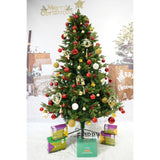 Set brad artificial de Craciun si elemente decorative, decorat cu conuri pin rosii, inaltime 210 cm, diametru 137 cm, 1172 ramuri, Flippy, verde, suport metalic inclus - vivimall.ro