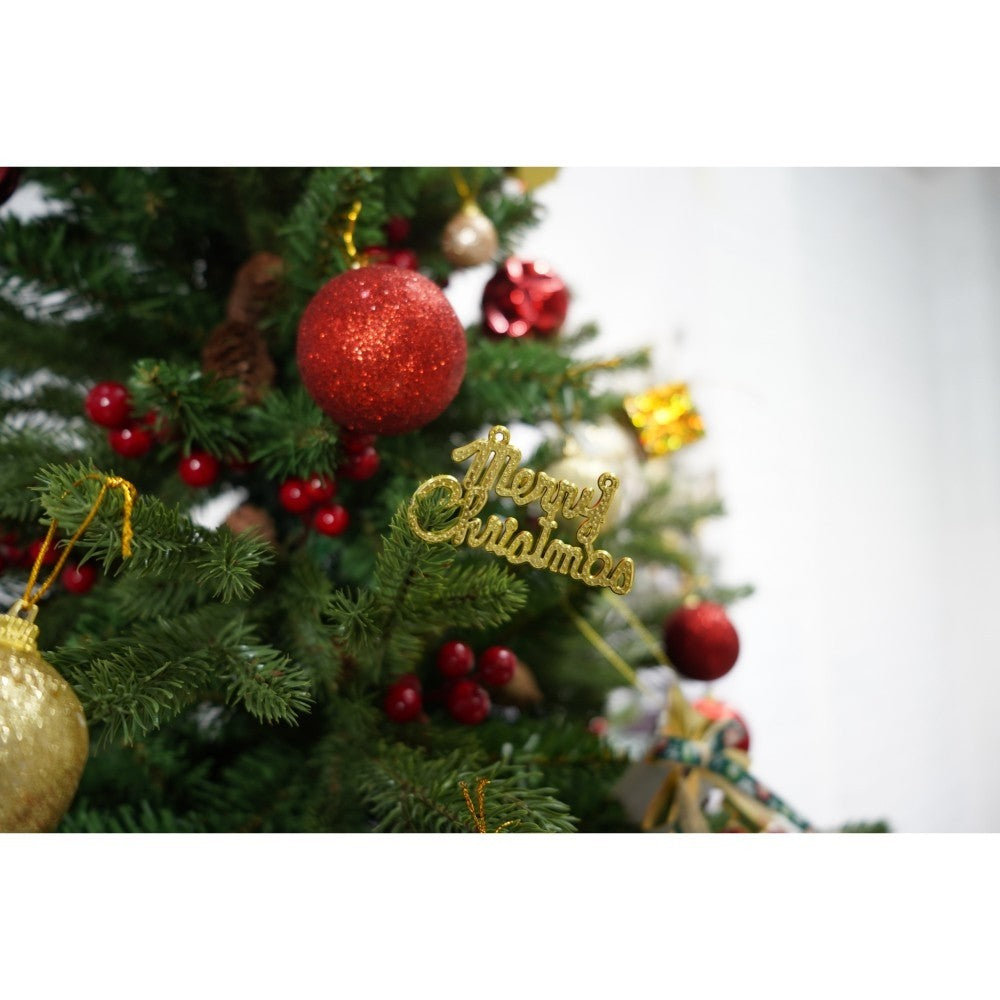 Set brad artificial de Craciun si elemente decorative, decorat cu conuri pin rosii, inaltime 210 cm, diametru 137 cm, 1172 ramuri, Flippy, verde, suport metalic inclus - vivimall.ro