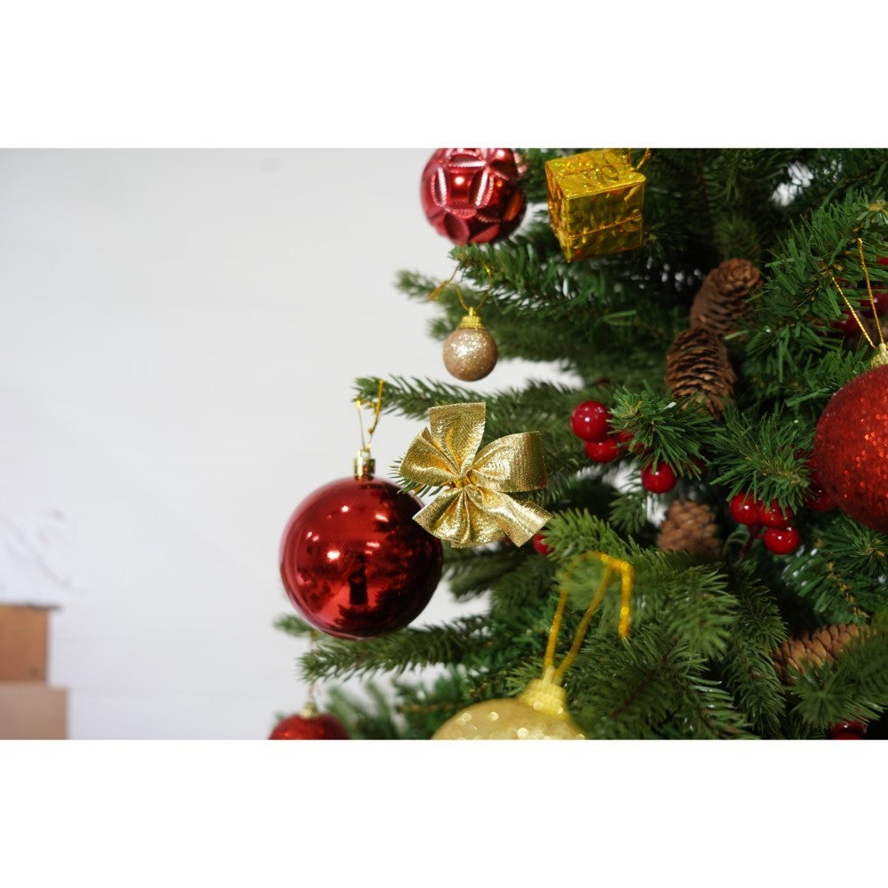 Set brad artificial de Craciun si elemente decorative, decorat cu conuri pin rosii, inaltime 210 cm, diametru 137 cm, 1172 ramuri, Flippy, verde, suport metalic inclus - vivimall.ro