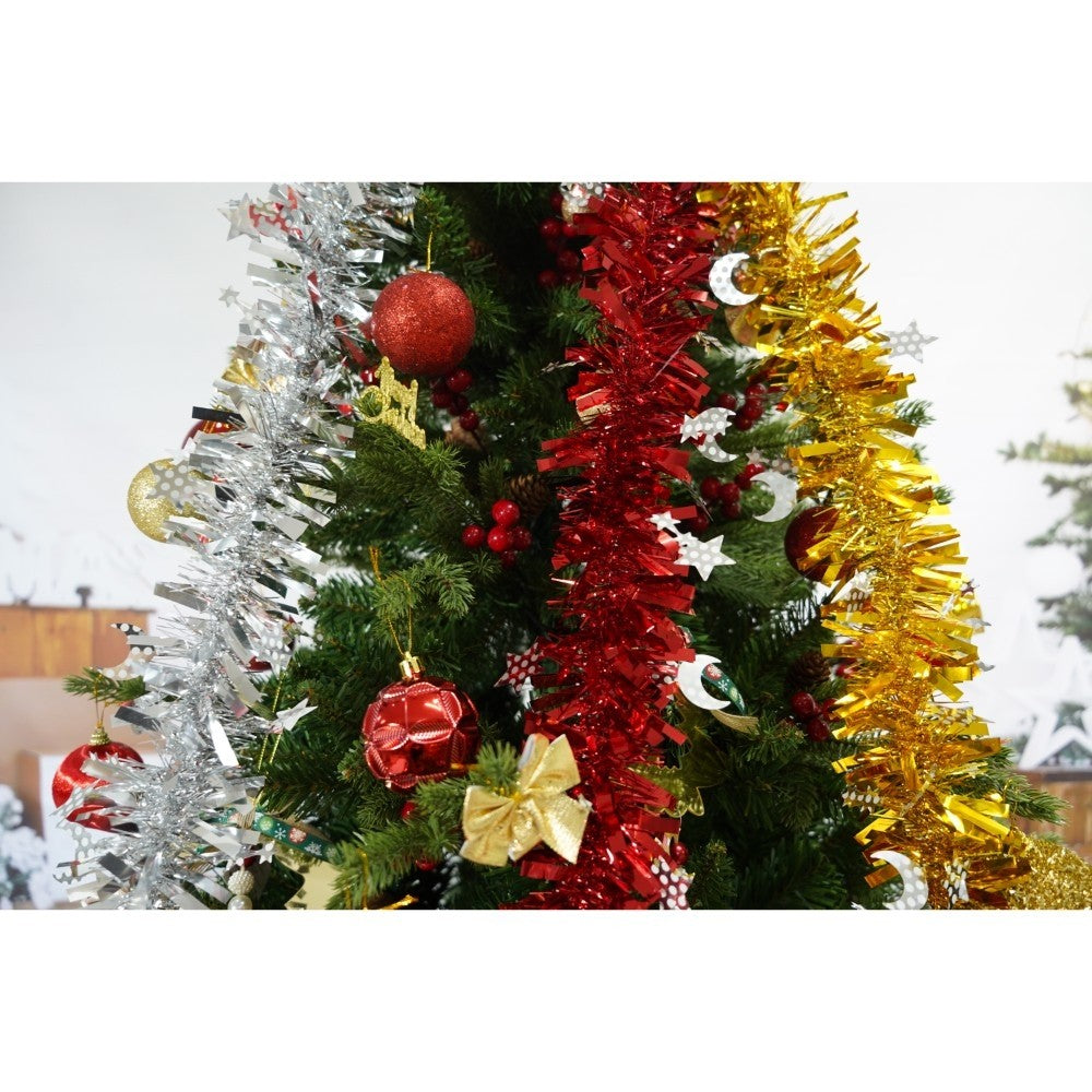 Set brad artificial de Craciun si elemente decorative, decorat cu conuri pin rosii, inaltime 210 cm, diametru 137 cm, 1172 ramuri, Flippy, verde, suport metalic inclus - vivimall.ro