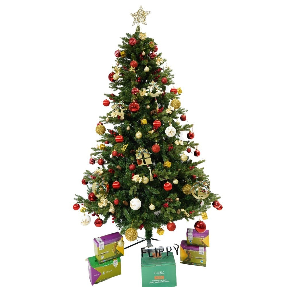 Set brad artificial de Craciun si elemente decorative, decorat cu conuri pin rosii, inaltime 210 cm, diametru 137 cm, 1172 ramuri, Flippy, verde, suport metalic inclus - vivimall.ro