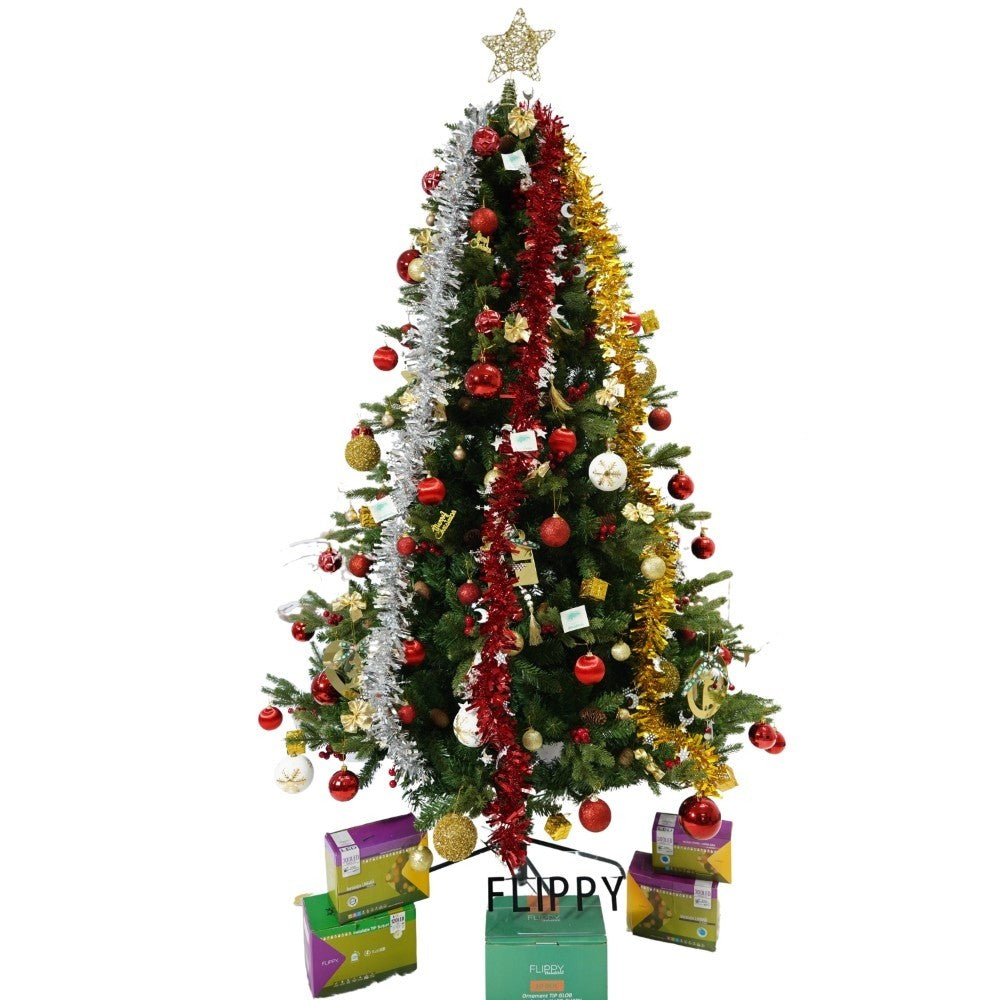 Set brad artificial de Craciun si elemente decorative, decorat cu conuri pin rosii, inaltime 210 cm, diametru 137 cm, 1172 ramuri, Flippy, verde, suport metalic inclus - vivimall.ro