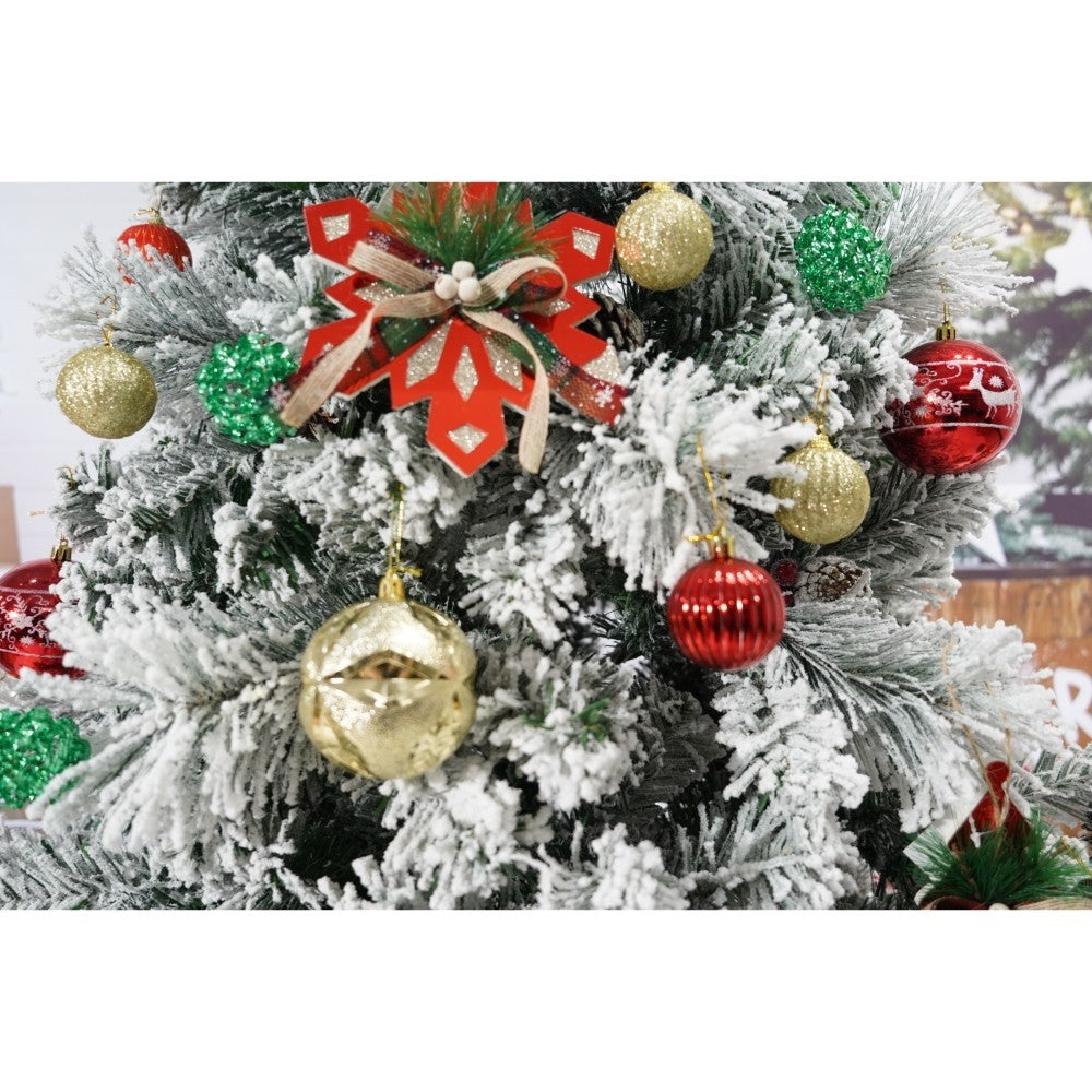 Set brad artificial de Craciun si elemente decorative, nins, decorat cu conuri pin, pentru interior/exterior, inaltime 210 cm, diametru 131 cm, 630 ramuri, Flippy, alb/verde, suport metalic inclus - vivimall.ro