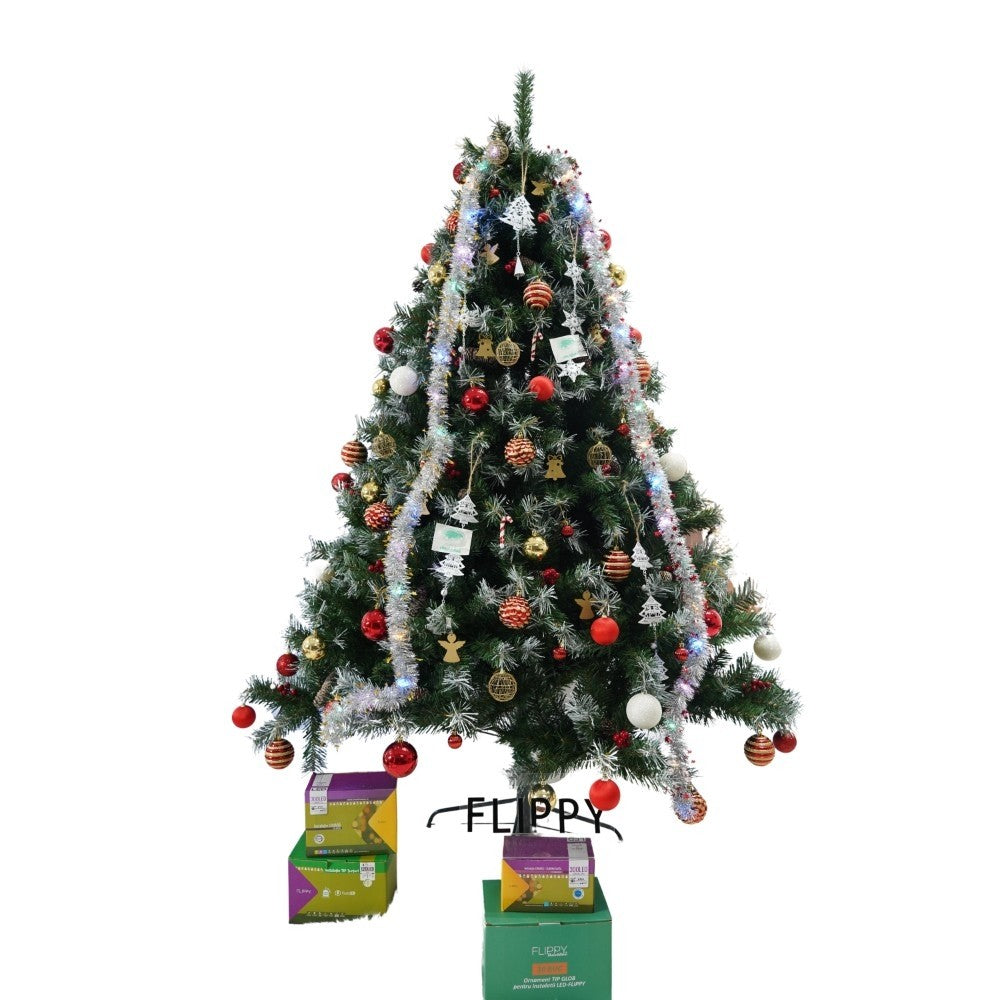 Set brad artificial de Craciun si elemente decorative, nins, decorat cu conuri pin, pentru interior/exterior, inaltime 210 cm, diametru 147 cm, 1150 ramuri, Flippy, verde, suport metalic inclus - vivimall.ro