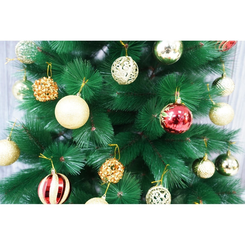 Set brad artificial de Craciun si elemente decorative tip pin, inaltime 210 cm, diametru 115 cm, 350 ramuri cu ace 3D 12 cm, Flippy, verde, suport metalic inclus - vivimall.ro