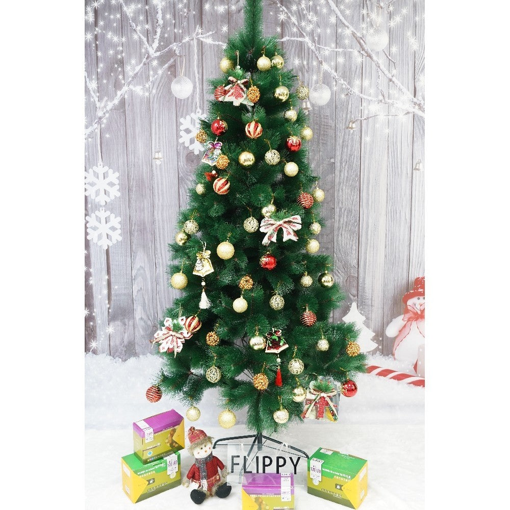 Set brad artificial de Craciun si elemente decorative tip pin, inaltime 210 cm, diametru 115 cm, 350 ramuri cu ace 3D 12 cm, Flippy, verde, suport metalic inclus - vivimall.ro