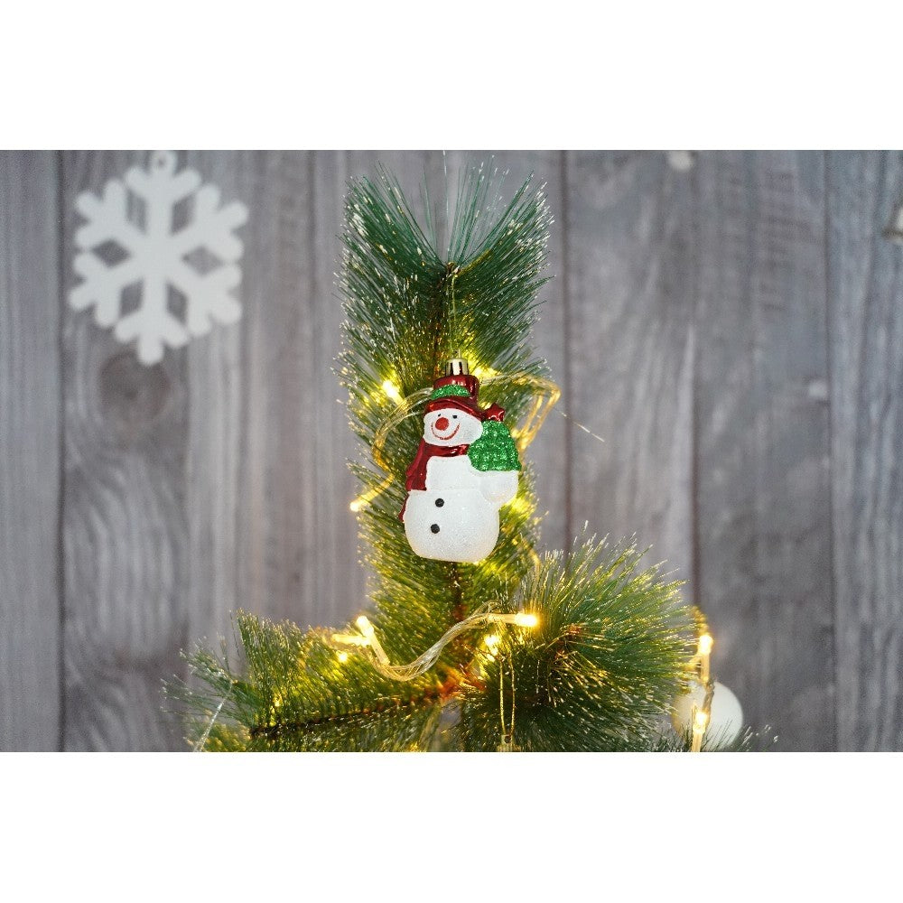 Set brad artificial de Craciun si elemente decorative tip pin inzapezit tip 1, inaltime 150 cm, diametru 85 cm, 160 ramuri cu ace 3D 12 cm, Vivimall, verde cu varfuri, ninse, suport metalic inclus - vivimall.ro