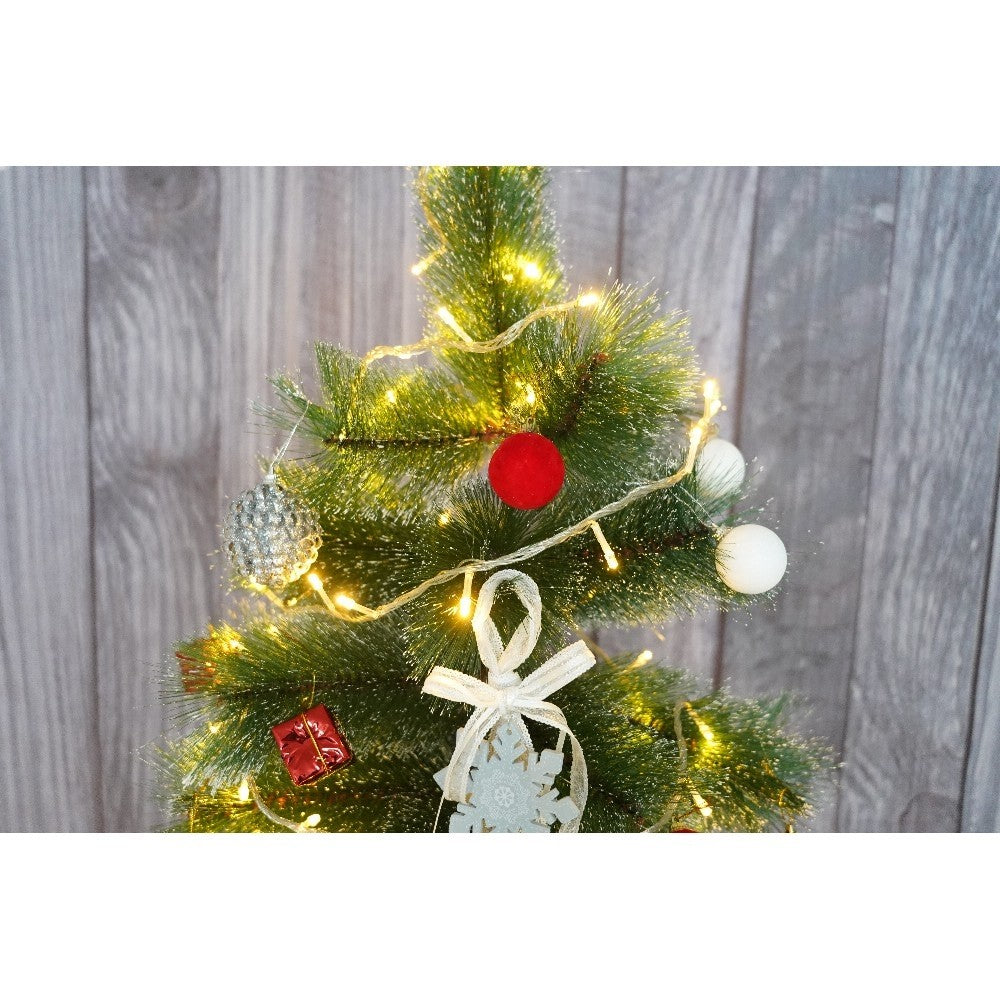 Set brad artificial de Craciun si elemente decorative tip pin inzapezit tip 2, inaltime 150 cm, diametru 85 cm, 160 ramuri cu ace 3D 12 cm, Vivimall, verde cu varfuri, ninse, suport metalic inclus - vivimall.ro