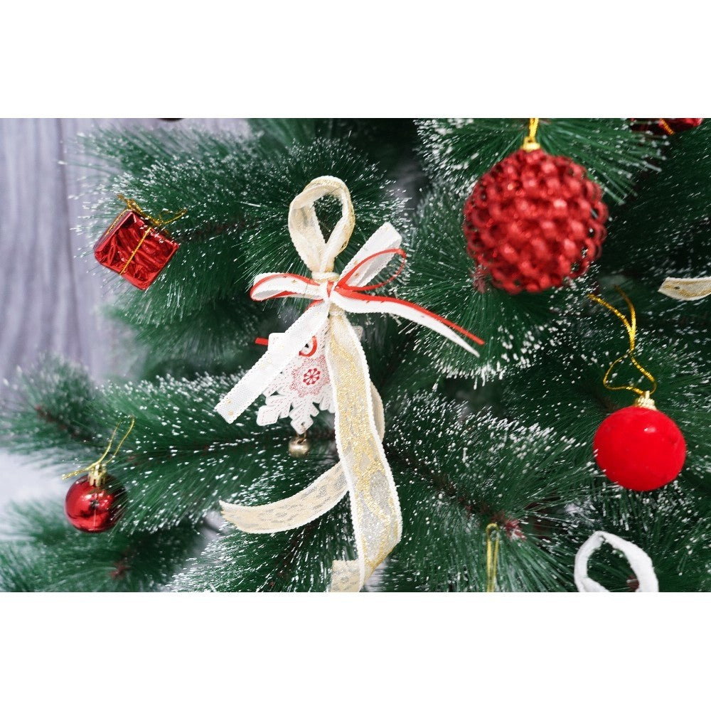 Set brad artificial de Craciun si elemente decorative tip pin inzapezit tip 3, inaltime 150 cm, diametru 85 cm, 160 ramuri cu ace 3D 12 cm, Vivimall, verde cu varfuri, ninse, suport metalic inclus - vivimall.ro