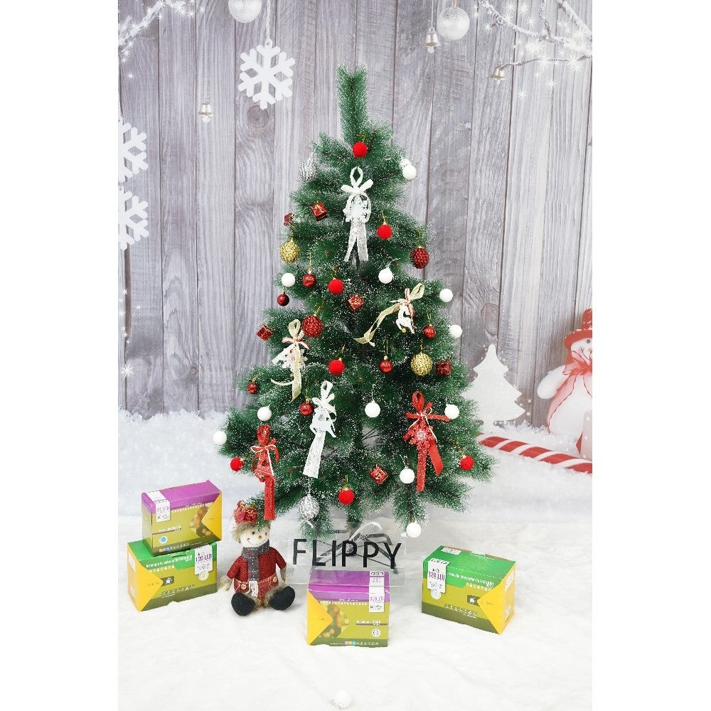 Set brad artificial de Craciun si elemente decorative tip pin inzapezit tip 3, inaltime 150 cm, diametru 85 cm, 160 ramuri cu ace 3D 12 cm, Vivimall, verde cu varfuri, ninse, suport metalic inclus - vivimall.ro