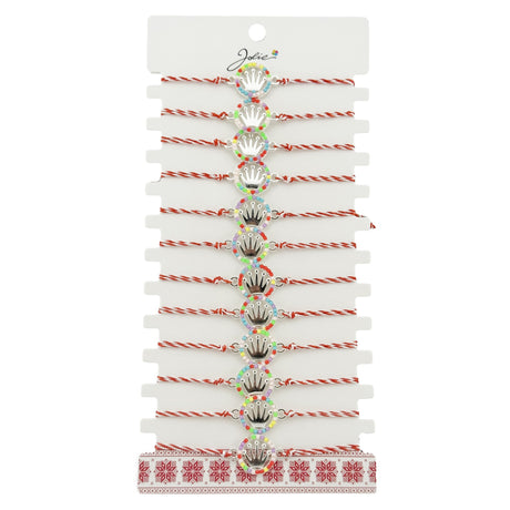 Bratara Martisor pentru Dama, Jolie, Model Coroana, Set 12 bucati, Pandativ Argintiu din Inox cu Elemente Multicolore, Snur Alb/Rosu - vivimall.ro