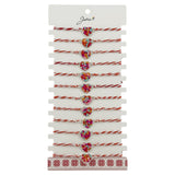 Set 12 brățări mărțișor damă Jolie cu pandantiv inimă multicoloră și șnur alb-roșu, vedere de ansamblu pe suport
