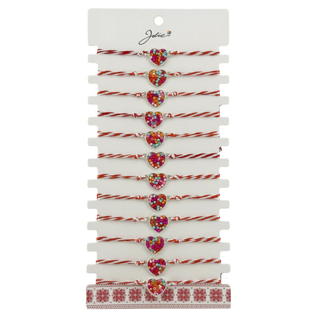 Bratara Martisor pentru Dama, Jolie, Model Inima Colorata, Set 12 bucati, Pandativ Argintiu din Inox cu Elemente Multicolore, Snur Alb/Rosu - vivimall.ro