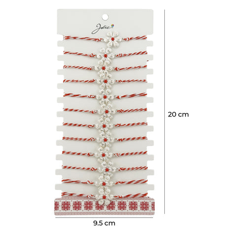 Bratara Martisor pentru Dama, Jolie, Model Floare Argintie, Set 12 bucati, Pandativ Argintiu din Inox cu Elemente Multicolore, Snur Alb/Rosu - vivimall.ro