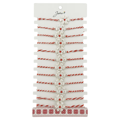 Bratara Martisor pentru Dama, Jolie, Model Floare Argintie, Set 12 bucati, Pandativ Argintiu din Inox cu Elemente Multicolore, Snur Alb/Rosu - vivimall.ro