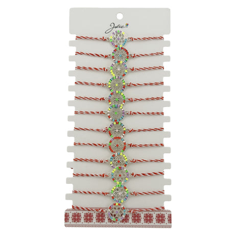 Bratara Martisor pentru Dama, Jolie, Model Floaricica in Cerc, Set 12 bucati, Pandativ Argintiu din Inox cu Elemente Multicolore, Snur Alb/Rosu - vivimall.ro