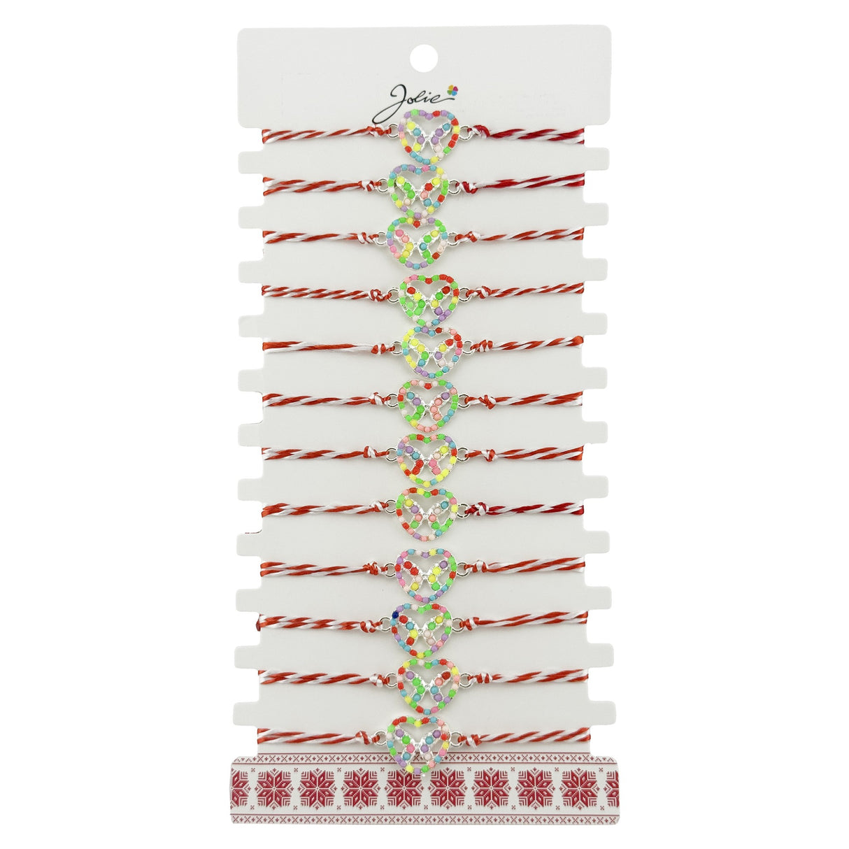 Bratara Martisor pentru Dama, Jolie, Model Fluturas in Inima, Set 12 bucati, Pandativ Argintiu din Inox cu Elemente Multicolore, Snur Alb/Rosu - vivimall.ro