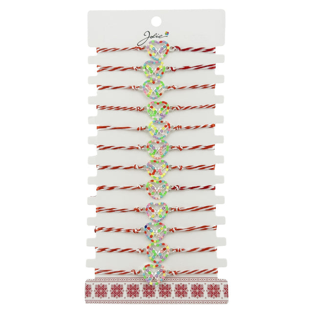 Bratara Martisor pentru Dama, Jolie, Model Fluturas in Inima, Set 12 bucati, Pandativ Argintiu din Inox cu Elemente Multicolore, Snur Alb/Rosu - vivimall.ro