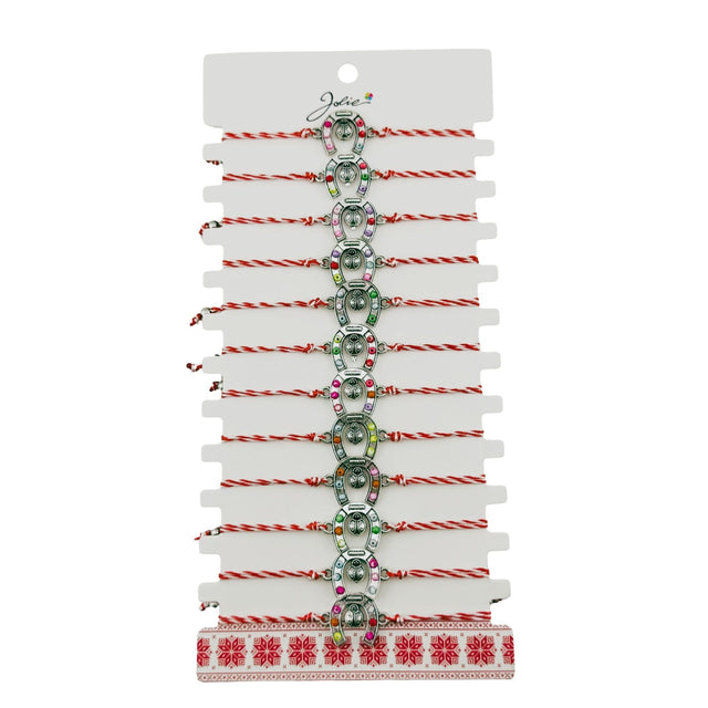Bratara Martisor pentru Dama, Jolie, Model Potcoava, Set 12 bucati, Pandativ Argintiu din Inox cu Snur Alb-Rosu Ajustabil - vivimall.ro