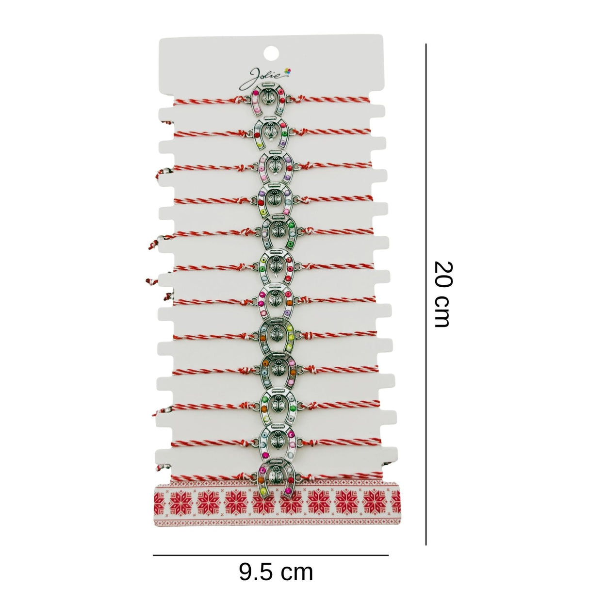 Bratara Martisor pentru Dama, Jolie, Model Potcoava, Set 12 bucati, Pandativ Argintiu din Inox cu Snur Alb-Rosu Ajustabil - vivimall.ro