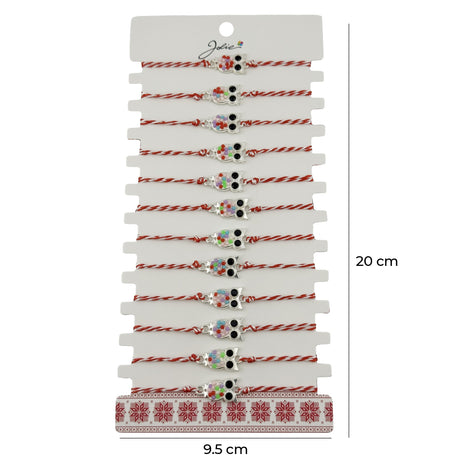 Bratara Martisor pentru Dama, Jolie, Model Bufnita, Set 12 bucati, Pandativ Argintiu din Inox cu Elemente Multicolore, Snur Alb/Rosu - vivimall.ro