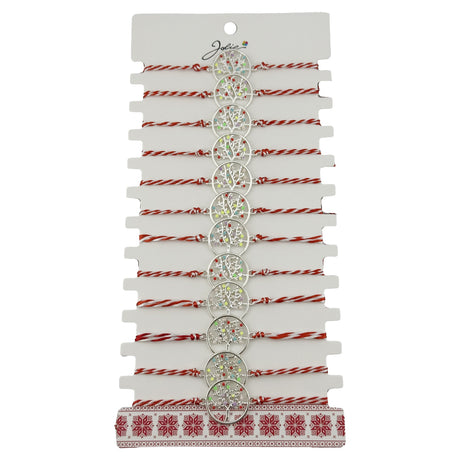 Bratara Martisor pentru Dama, Jolie, Model Copac Multicolor, Set 12 bucati, Pandativ Argintiu din Inox cu Elemente Multicolore, Snur Alb/Rosu - vivimall.ro