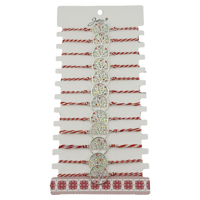 Set 12 brățări mărțișor damă Jolie, model Copac Multicolor, snur roșu-alb, pandantiv argintiu inox, vedere de ansamblu