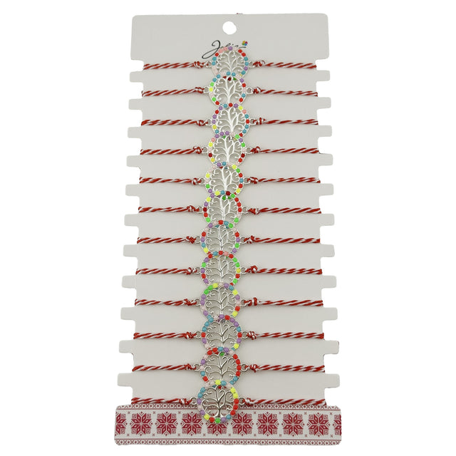 Bratara Martisor pentru Dama, Jolie, Model Copac, Set 12 bucati, Pandativ Argintiu din Inox cu Elemente Multicolore, Snur Alb/Rosu - vivimall.ro