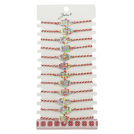 Bratara Martisor pentru Dama, Jolie, Model Floare, Set 12 bucati, Pandativ Argintiu din Inox cu Elemente Multicolore, Snur Alb/Rosu - vivimall.ro