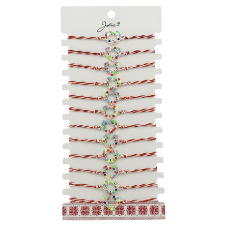 Bratara Martisor pentru Dama, Jolie, Model Inima Multicolora, Set 12 bucati, Pandativ Argintiu din Inox cu Elemente Multicolore, Snur Alb/Rosu - vivimall.ro