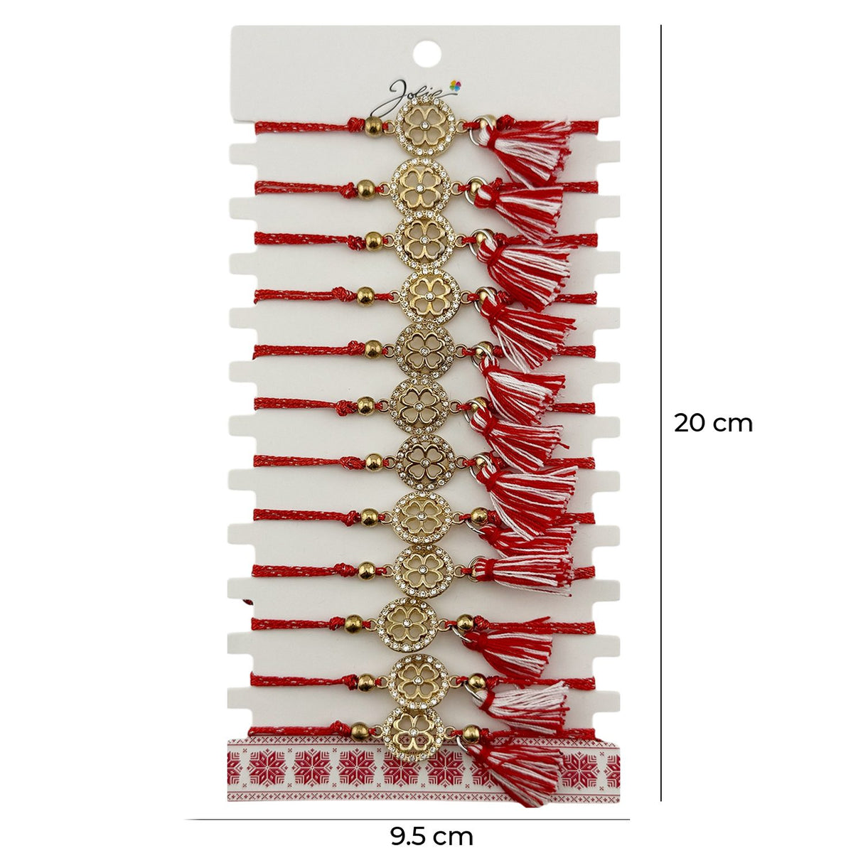 Martisor Bratara cu Ciucure pentru Dama, Jolie, Model Cerc Trifoi cu Patru Foi, Set 12 bucati, Pandativ din Inox cu Pietre, Snur Reglabil, Rosu/Alb - vivimall.ro