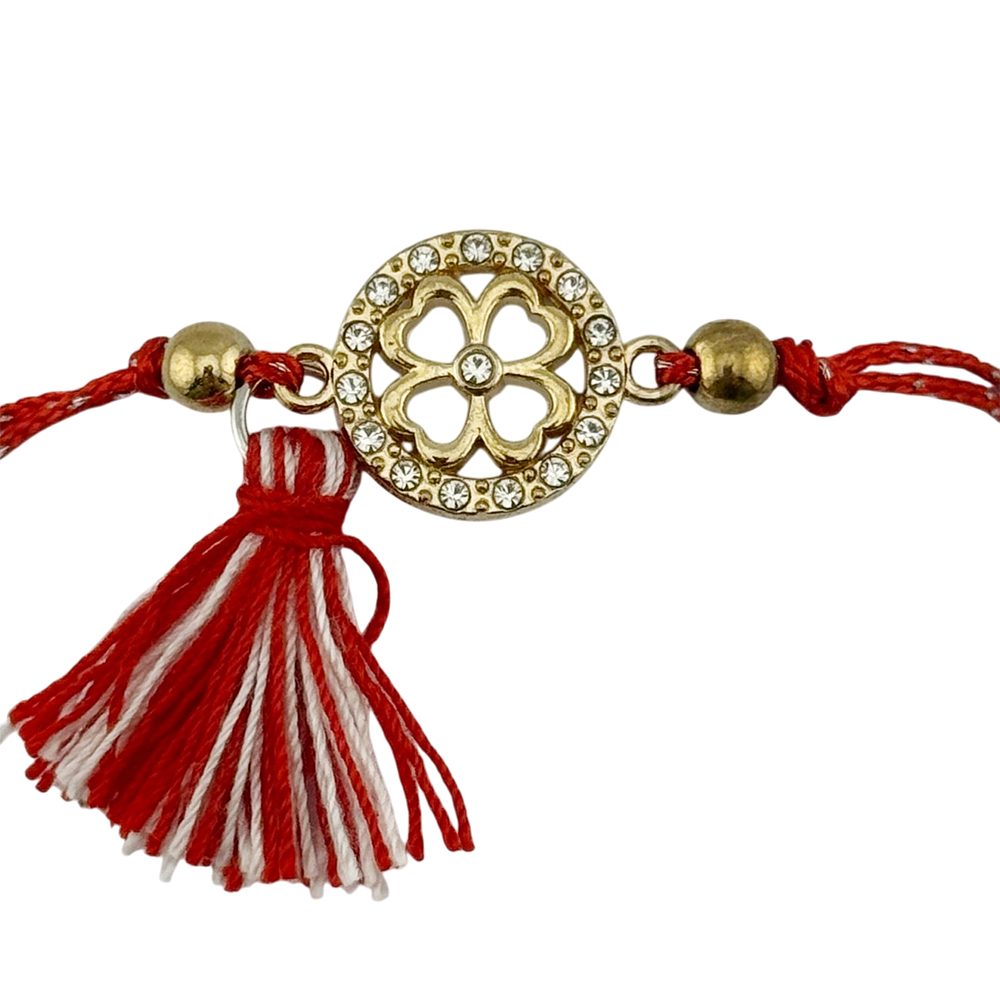 Martisor Bratara cu Ciucure pentru Dama, Jolie, Model Cerc Trifoi cu Patru Foi, Set 12 bucati, Pandativ din Inox cu Pietre, Snur Reglabil, Rosu/Alb - vivimall.ro