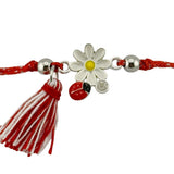 Martisor Bratara cu Ciucure pentru Dama, Jolie, Model Margareta cu Buburuza, Set 12 bucati, Pandativ din Inox, Snur Reglabil, Rosu/Alb - vivimall.ro