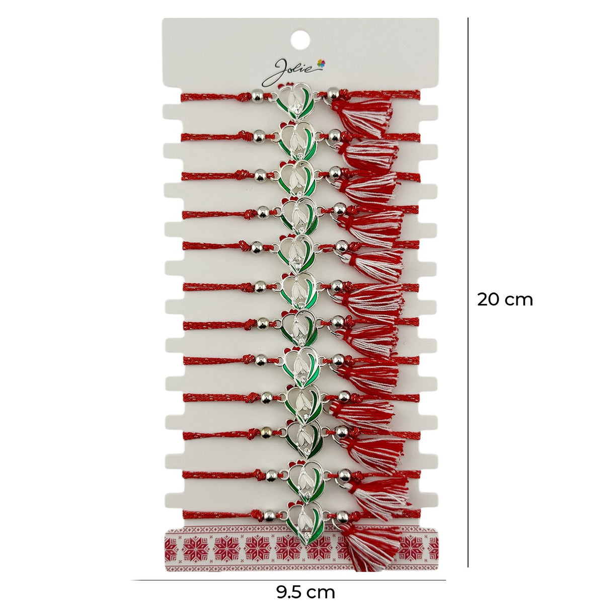 Martisor Bratara cu Ciucure pentru Dama, Jolie, Model Inima cu Ghiocel, Set 12 bucati, Pandativ din Inox, Snur Reglabil, Rosu/Alb - vivimall.ro