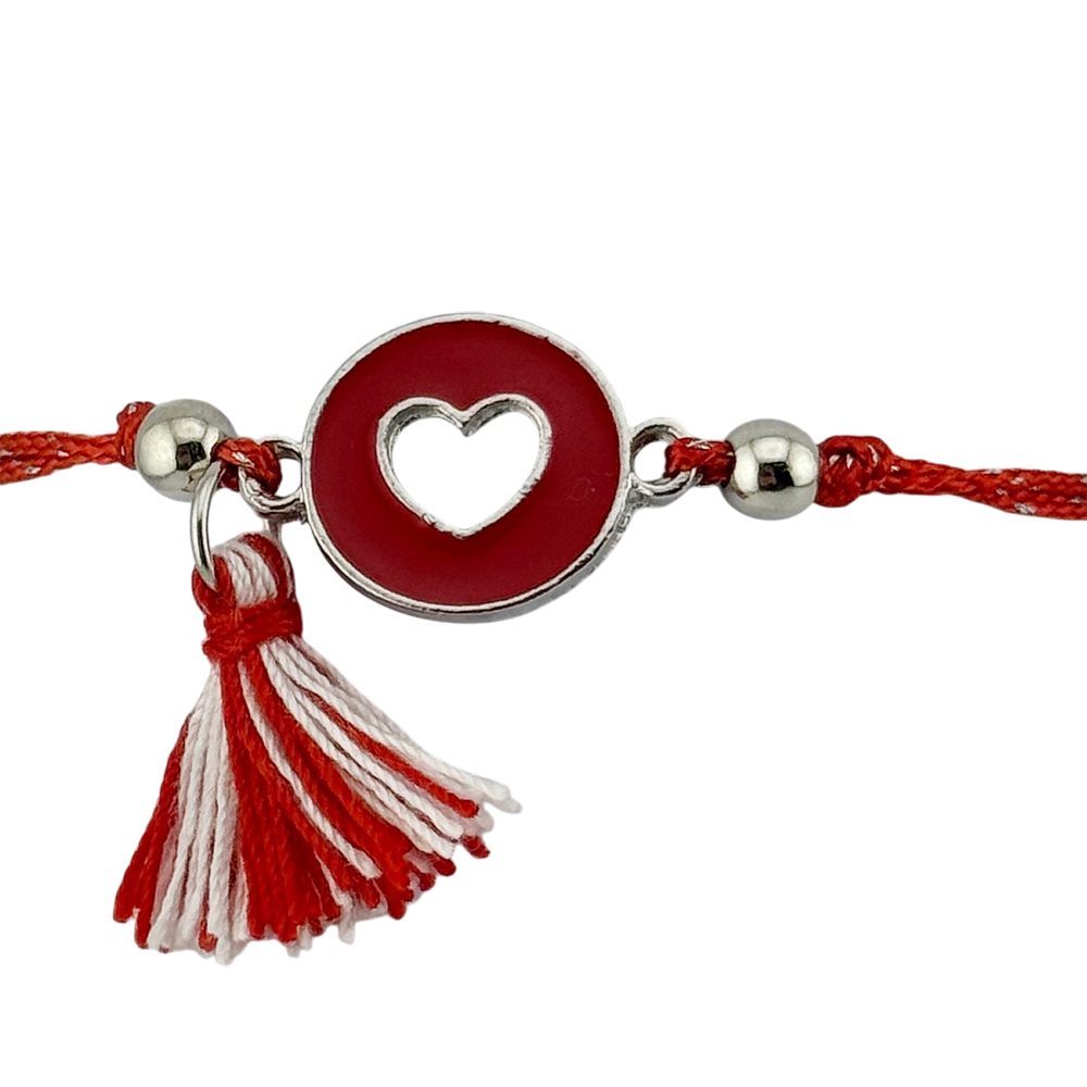 Martisor Bratara cu Ciucure pentru Dama, Jolie, Model Cerc cu Inima, Set 12 bucati, Pandativ din Inox, Snur Reglabil, Rosu/Alb - vivimall.ro