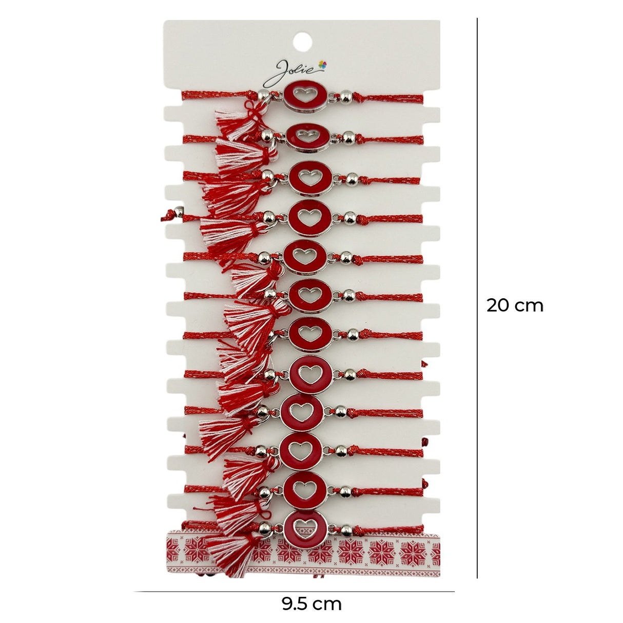 Martisor Bratara cu Ciucure pentru Dama, Jolie, Model Cerc cu Inima, Set 12 bucati, Pandativ din Inox, Snur Reglabil, Rosu/Alb - vivimall.ro