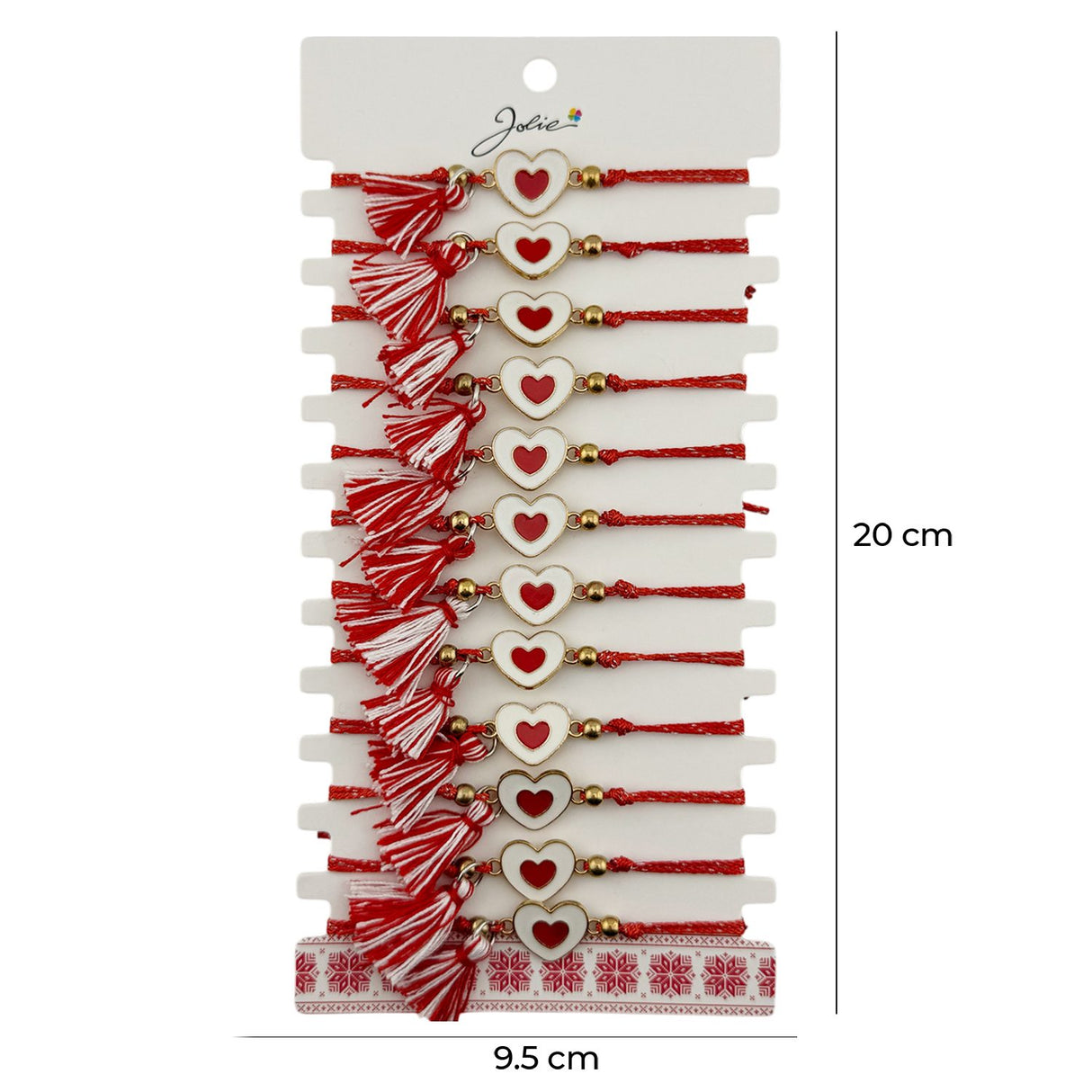 Martisor Bratara cu Ciucure pentru Dama, Jolie, Model Inimi, Set 12 bucati, Pandativ din Inox, Snur Reglabil, Rosu/Alb - vivimall.ro