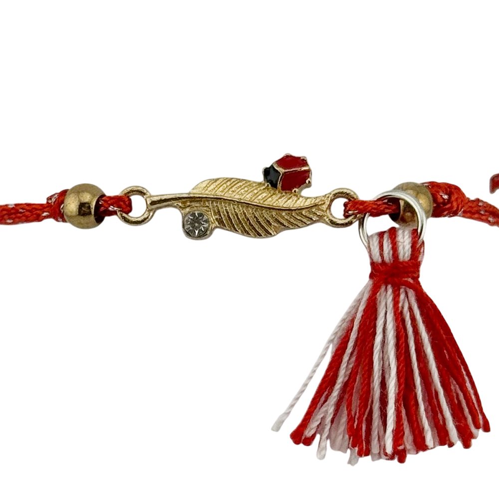 Martisor Bratara cu Ciucure pentru Dama, Jolie, Model Pana cu Buburuza, Set 12 bucati, Pandativ din Inox cu Piatra, Snur Reglabil, Rosu/Alb - vivimall.ro