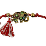 Martisor Bratara cu Ciucure pentru Dama, Jolie, Model Elefant cu Pietre Colorate, Set 12 bucati, Pandativ din Inox, Snur Reglabil, Rosu/Alb - vivimall.ro