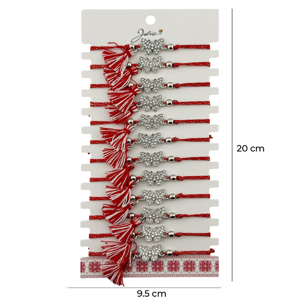 Martisor Bratara cu Ciucure pentru Dama, Jolie, Model Fluture cu Pietre, Set 12 bucati, Pandativ din Inox, Snur Reglabil, Rosu/Alb - vivimall.ro