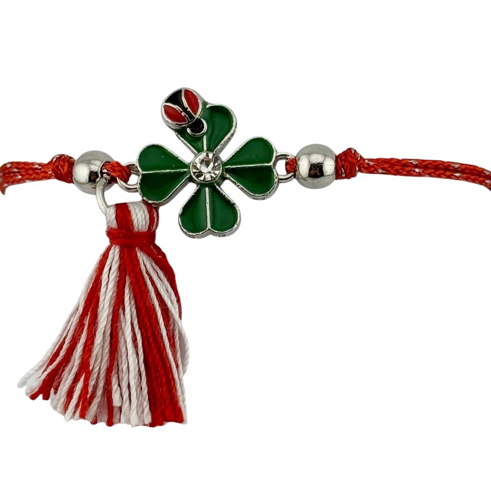 Martisor Bratara cu Ciucure pentru Dama, Jolie, Model Trifoi Verde cu Buburuza, Set 12 bucati, Pandativ din Inox cu Piatra, Snur Reglabil, Rosu/Alb - vivimall.ro