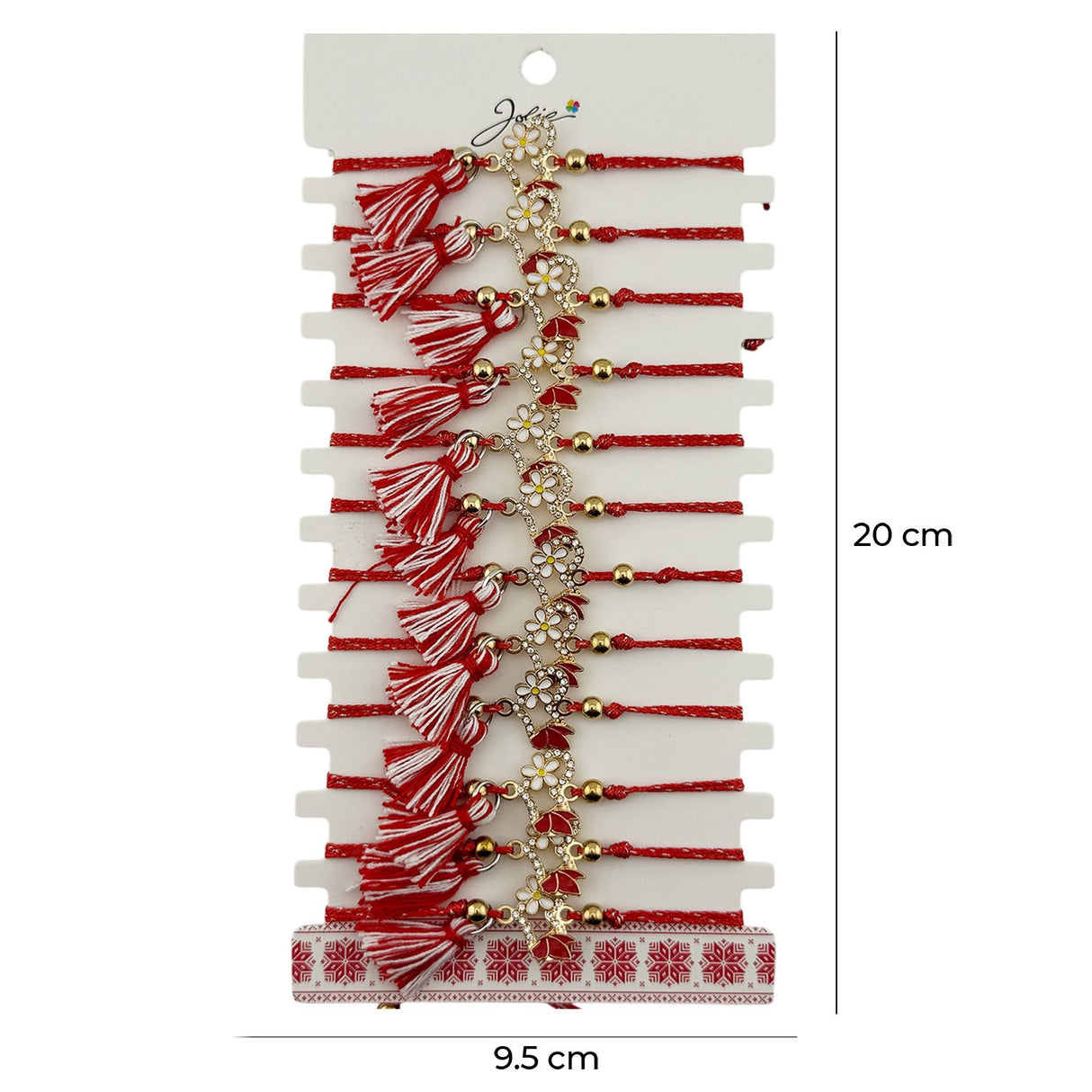 Martisor Bratara cu Ciucure pentru Dama, Jolie, Model Inima cu Margareta, Set 12 bucati, Pandativ din Inox cu Pietre, Snur Reglabil, Rosu/Alb - vivimall.ro