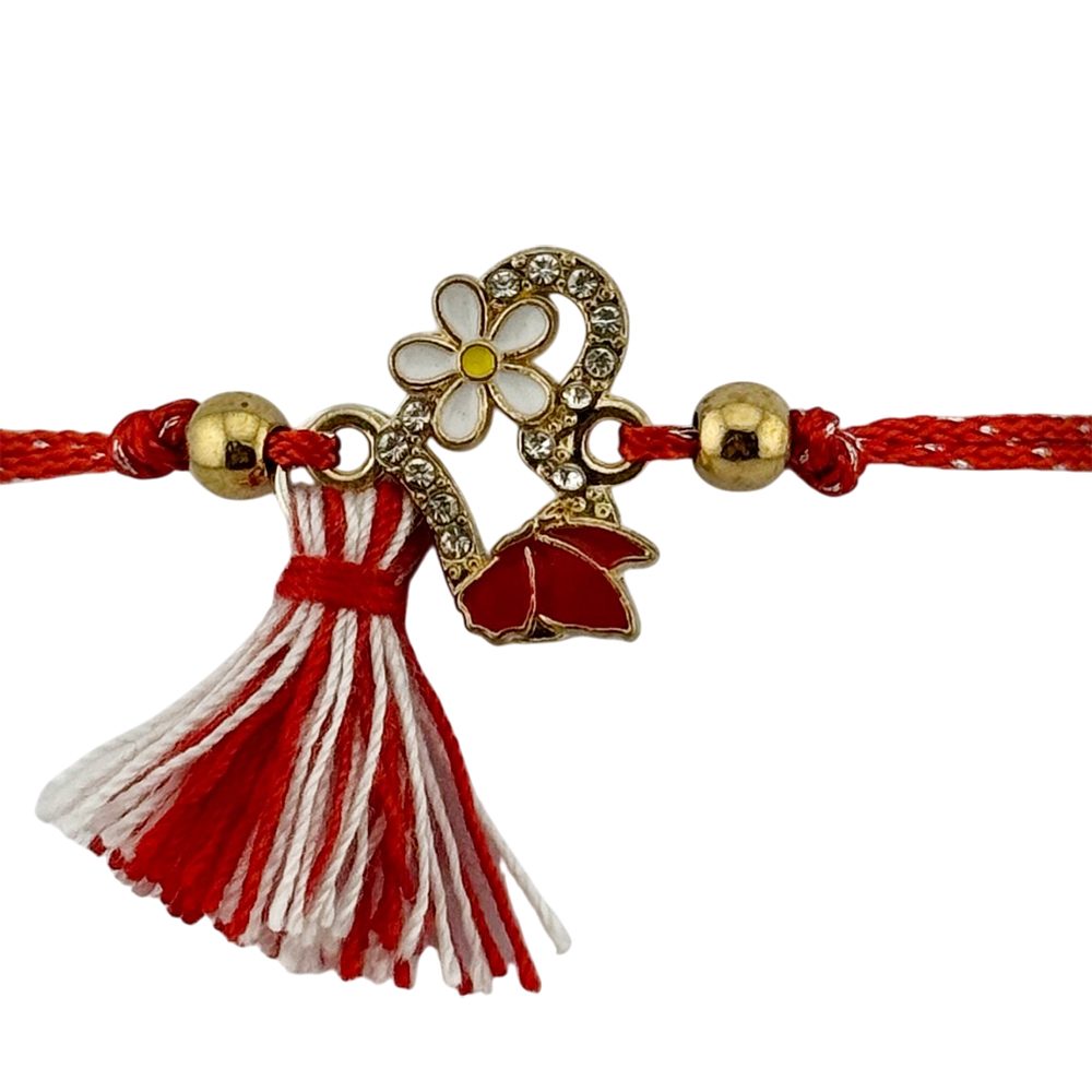 Martisor Bratara cu Ciucure pentru Dama, Jolie, Model Inima cu Margareta, Set 12 bucati, Pandativ din Inox cu Pietre, Snur Reglabil, Rosu/Alb - vivimall.ro
