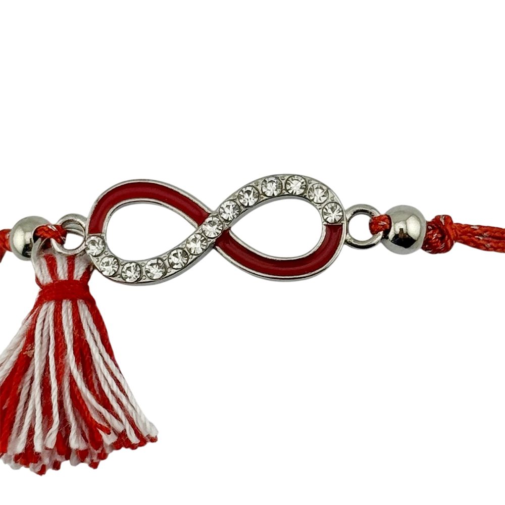 Martisor Bratara cu Ciucure pentru Dama, Jolie, Model Infinit cu Pietre, Set 12 bucati, Pandativ din Inox, Snur Reglabil, Rosu/Alb - vivimall.ro