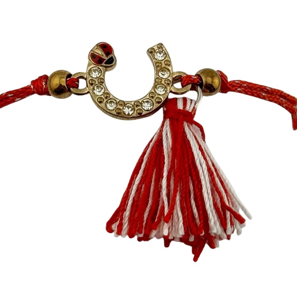 Martisor Bratara  cu Ciucure pentru Dama, Jolie, Model Potcoava Buburuza, Set 12 bucati, Pandativ din Inox cu Pietre, Snur Reglabil, Rosu/Alb - vivimall.ro