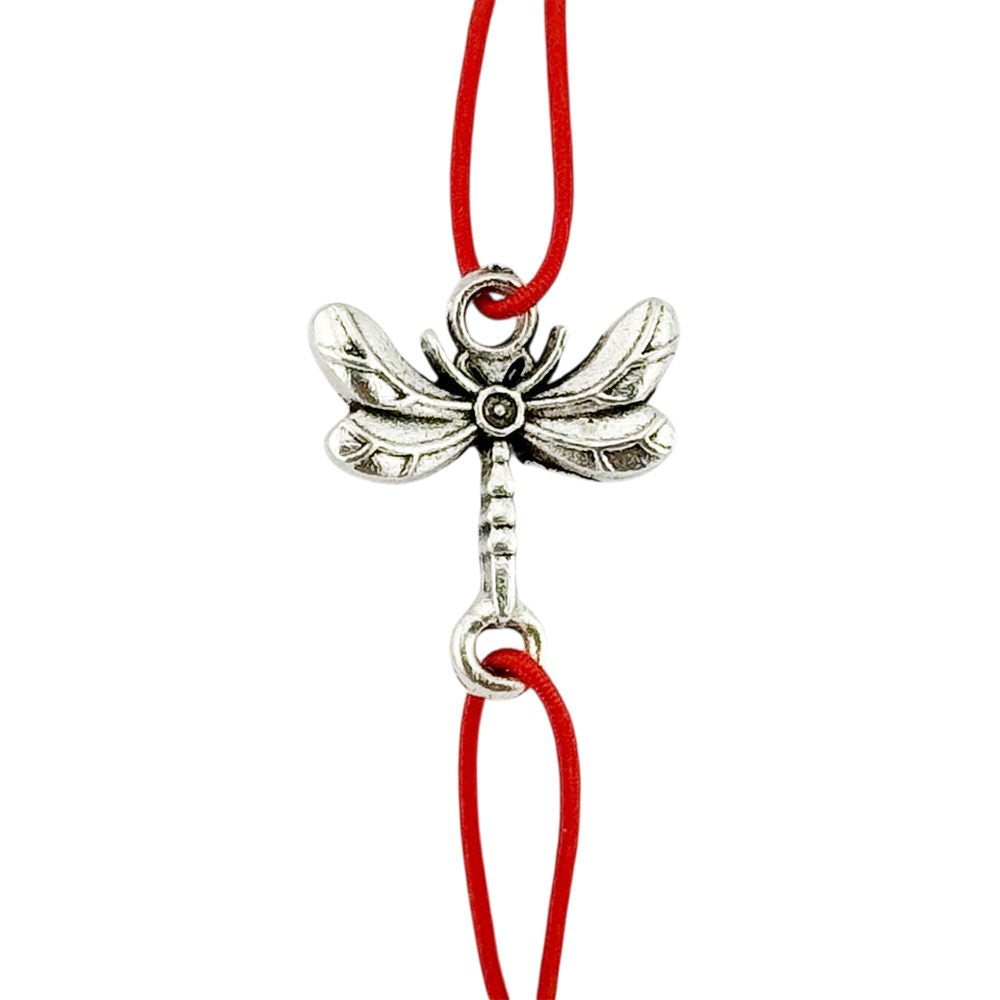 Martisor Bratara Elastica cu Pandantiv din Inox, Jolie, pentru Dama, Set 12 bucati, Snur Rosu Textil, Model Libelula - vivimall.ro